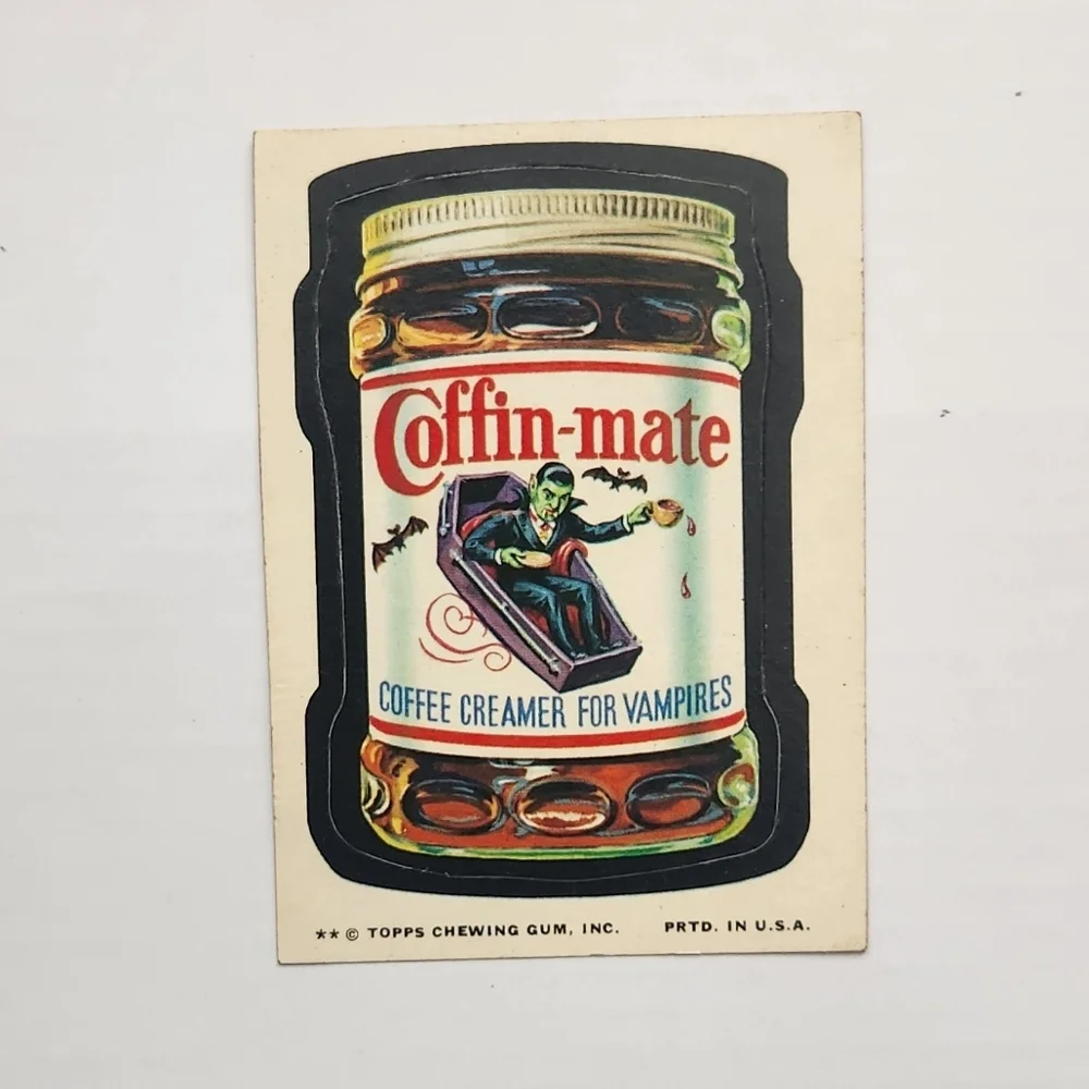 🧛RARE Tan Back Vintage 1973 Wacky Packages - Coffin-mate Sticker (Topps) 🧛‍♂️☕